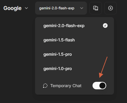 Temporary Chat toggle in the model menu