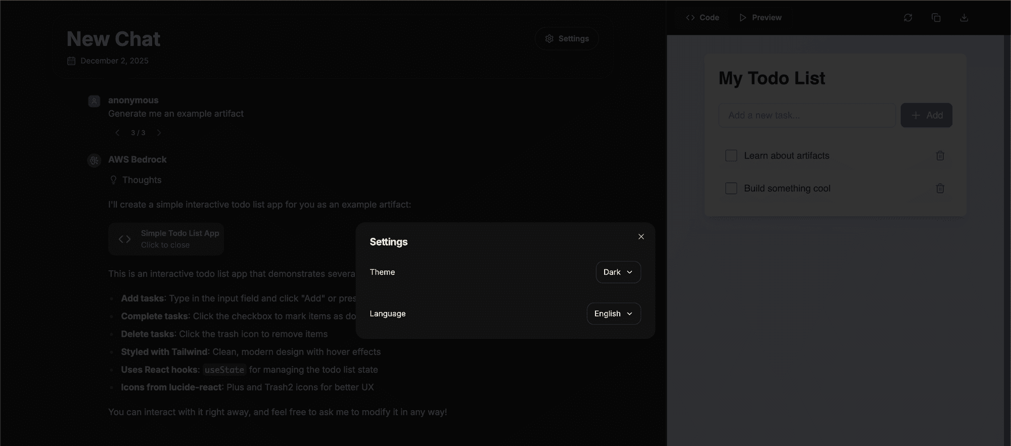 Language and theme settings on a shared link