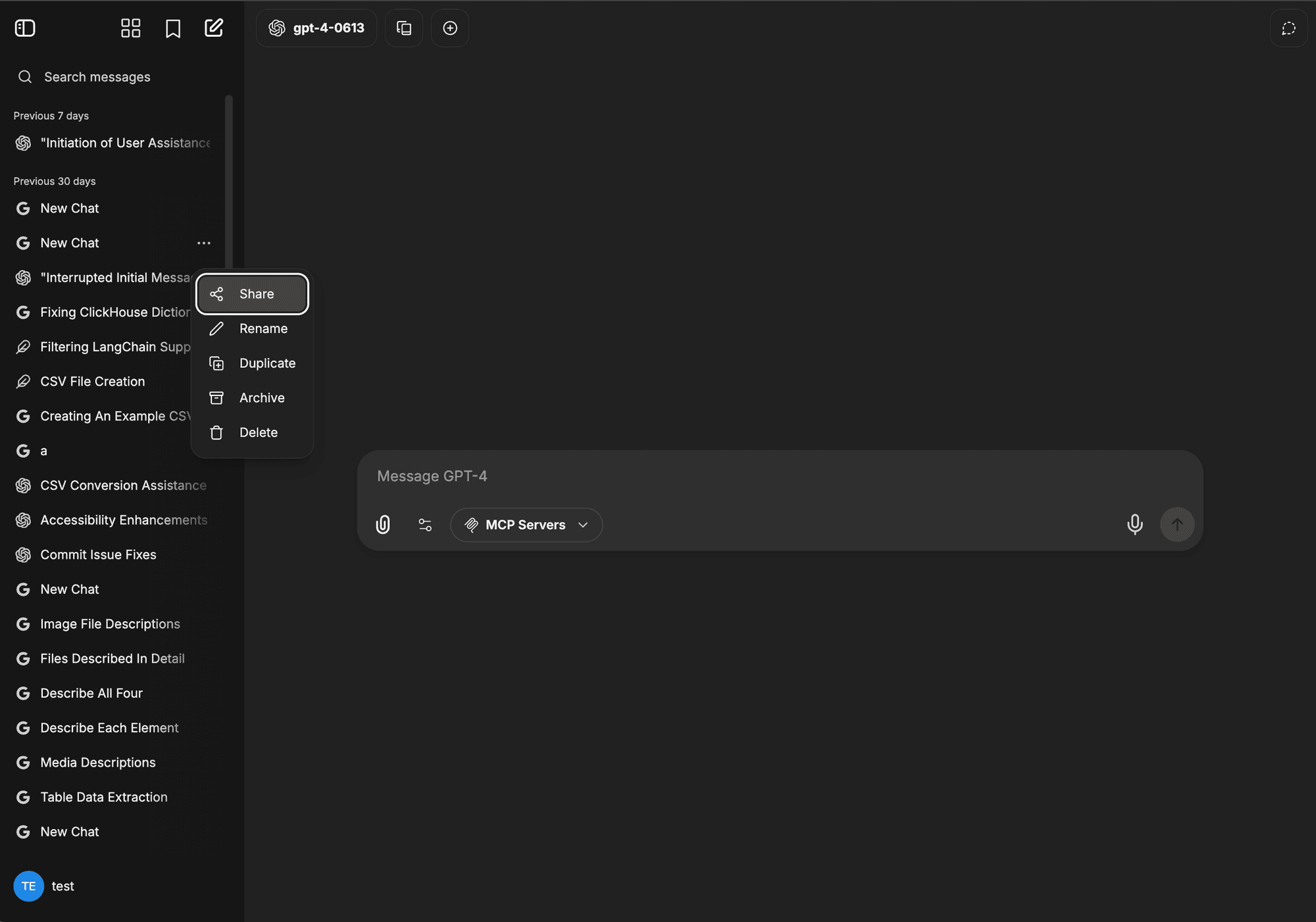 Share option in the conversation menu
