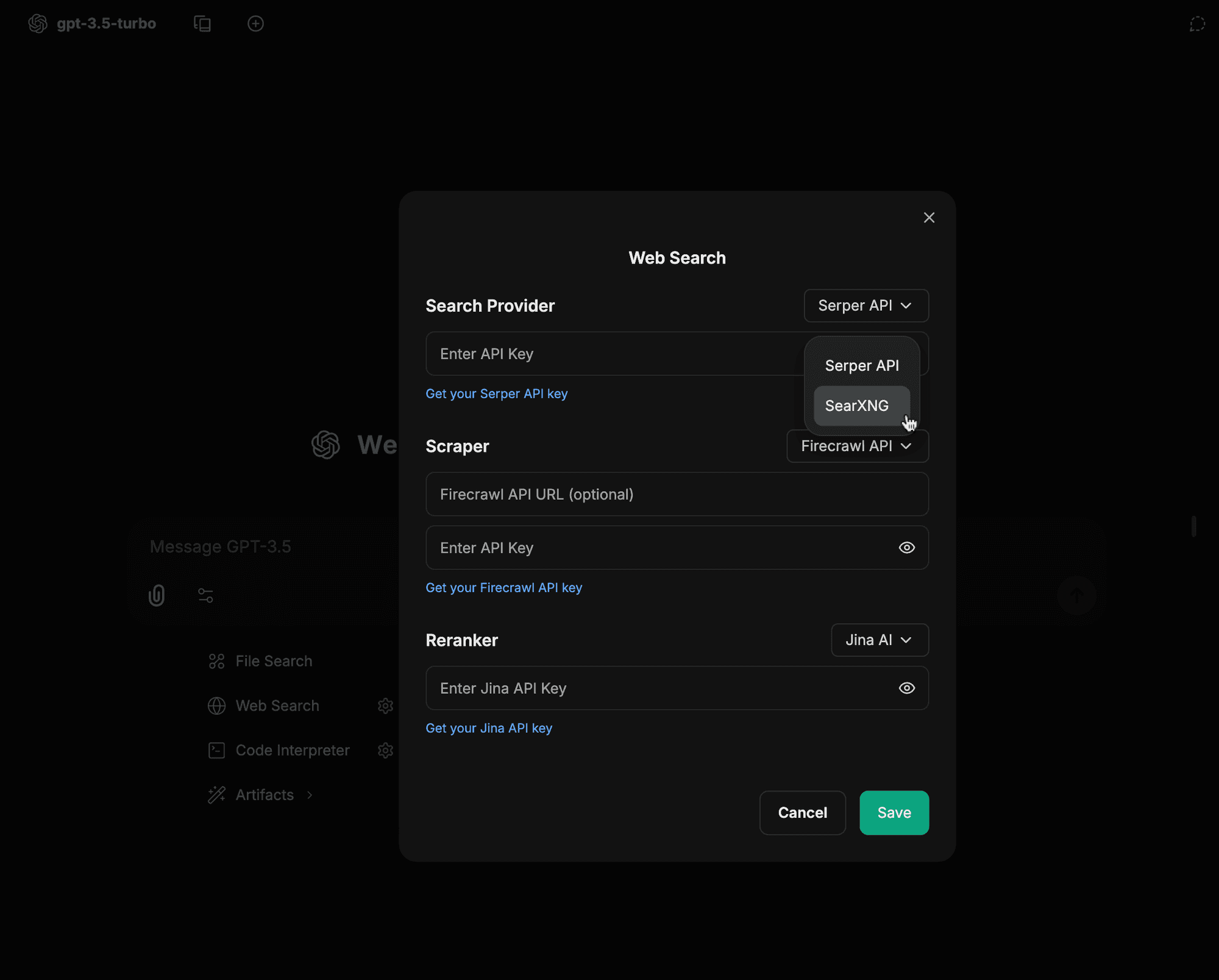 SearXNG dropdown selection